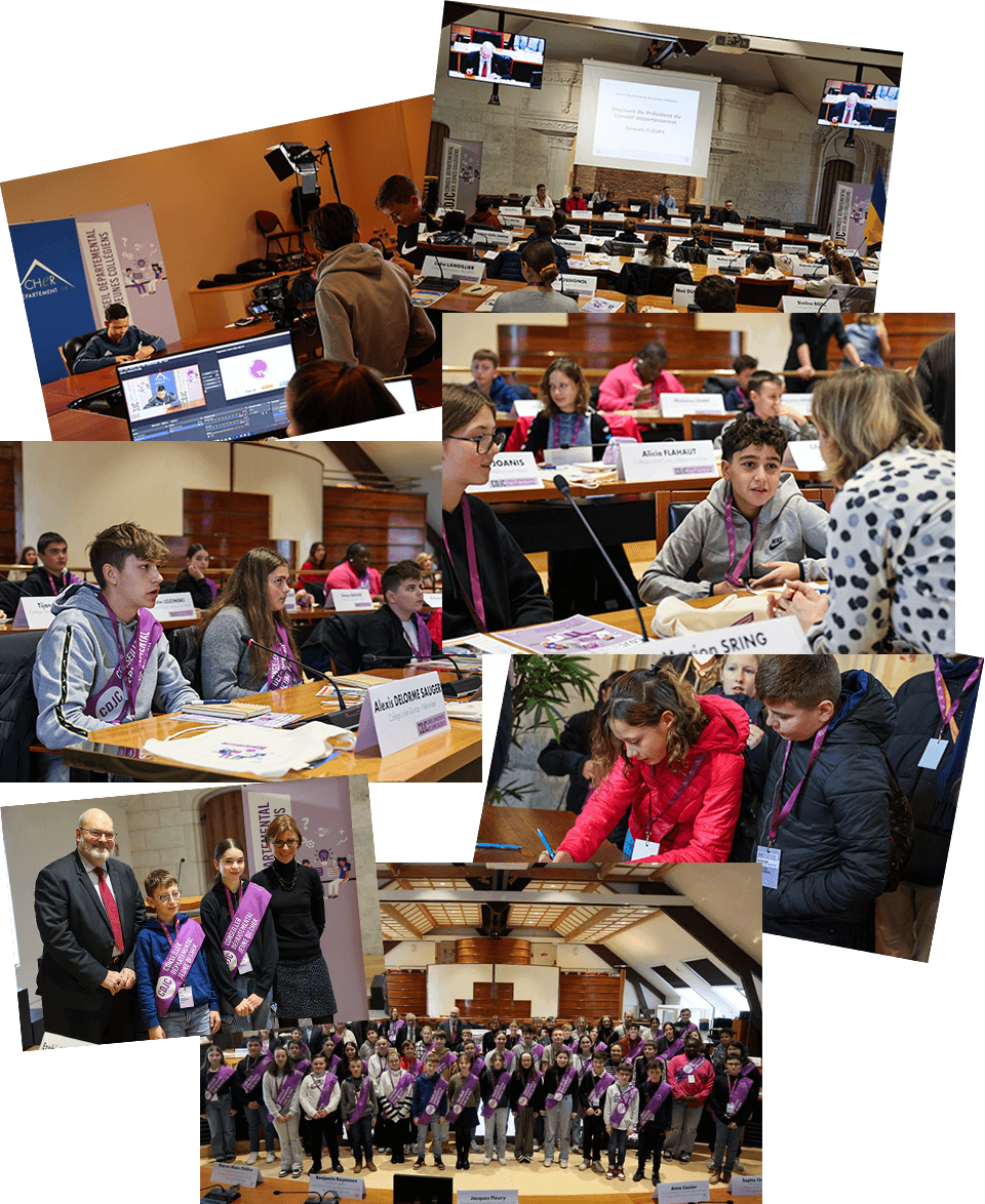 plusieurs photos des collégiens en assemblée, en interview ou en commission